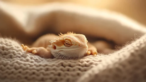 Sun-drowsy bearded dragon dreaming in knitted dunes.