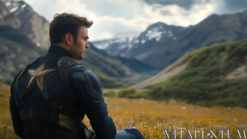 Armored hero seated in quiet alpine valley landscape.