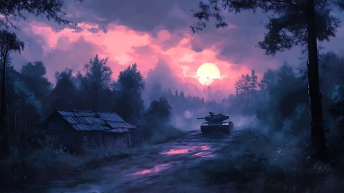 Digital painting of lone tank on misted forest road at dusk.