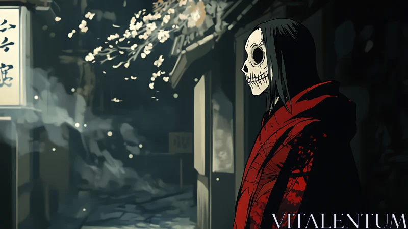 Masked figure in red robe under night blossoms, alleyway.