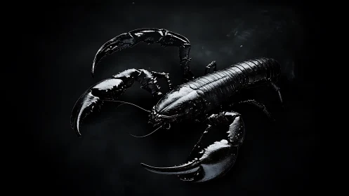 Glossy black scorpion render emphasizes armored claws