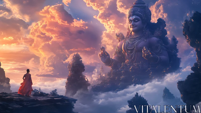 Monk before colossal sky temple deity in glowing clouds.