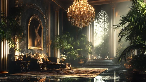 Luxurious neoclassical hall integrates lush foliage and chandeliers