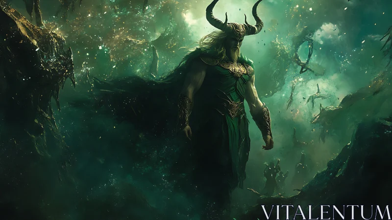 Horned forest warlord strides through swirling emerald void.