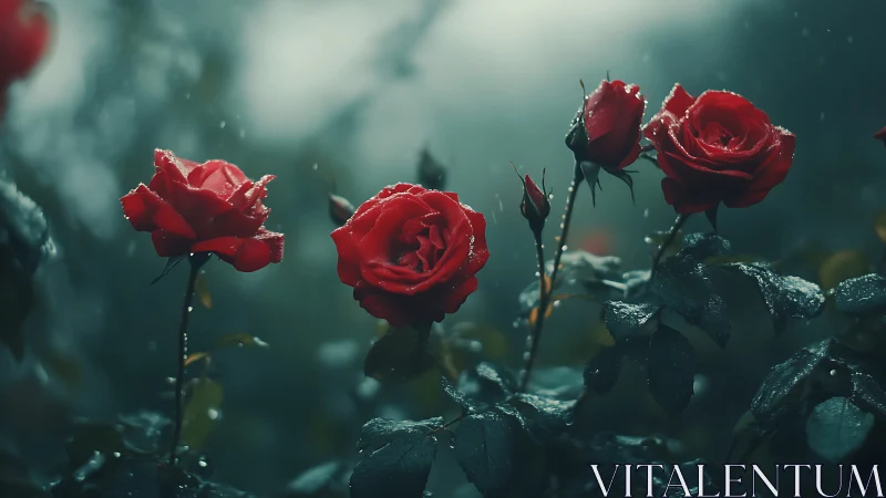 Rain-Kissed Red Roses in Moody Garden Setting.