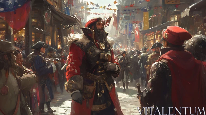 Regal pirate leader walking through crowded festival street.