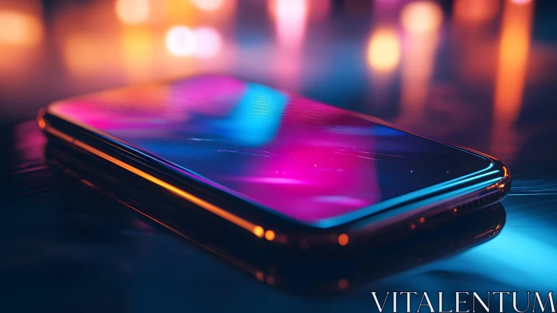 Modern smartphone with colorful neon reflections, futuristic style.