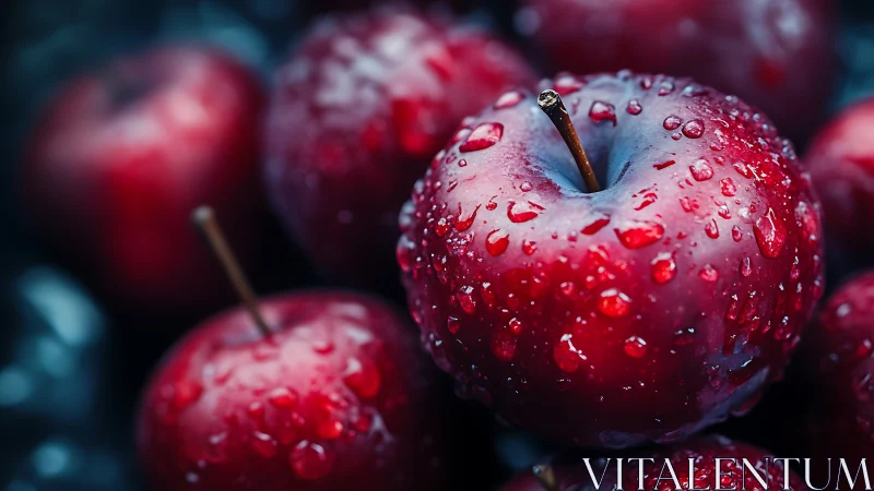 Macro optical study of dewy red apples under soft focus lighting.