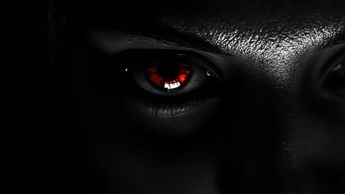 Close-up of intense red human eye in dark shadows.