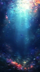 Sunlit underwater scene with coral and drifting fish.