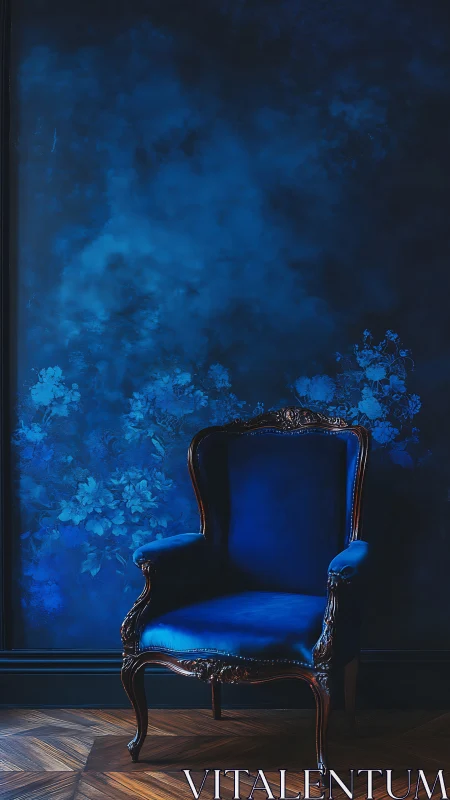 Velvet blue armchair rests against moody floral wall.