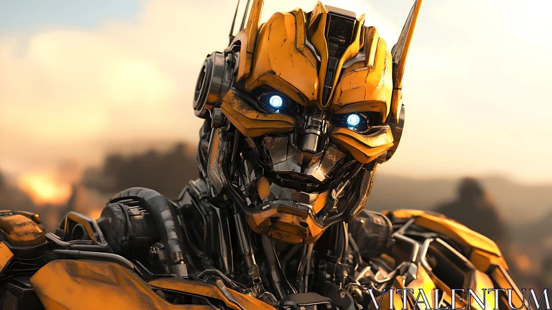 Yellow armored humanoid robot head in outdoor setting.