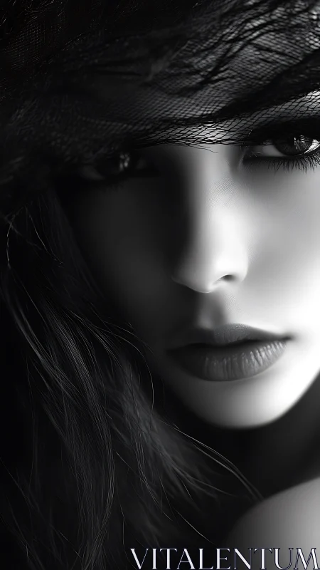 Monochrome facial close-up with veiled high-contrast lighting.