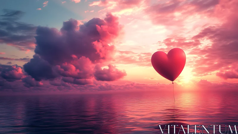 Red Heart Balloon Floating Above Serene Ocean at Sunset