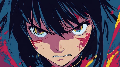 Close frontal view of intense anime character with blood spatters.