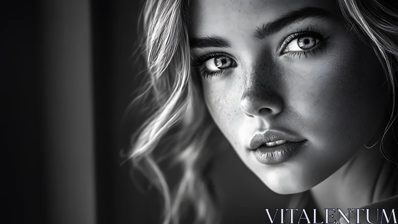Gaze in grayscale, hyperreal portrait of freckled woman.