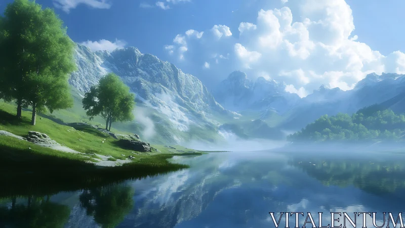 Gentle alpine lake mirrors misty mountains under bright clouds