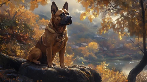 Dog stands on rocky ledge overlooking autumn river valley
