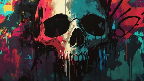Neon skull graffiti merges chaos with vivid abstract strokes.