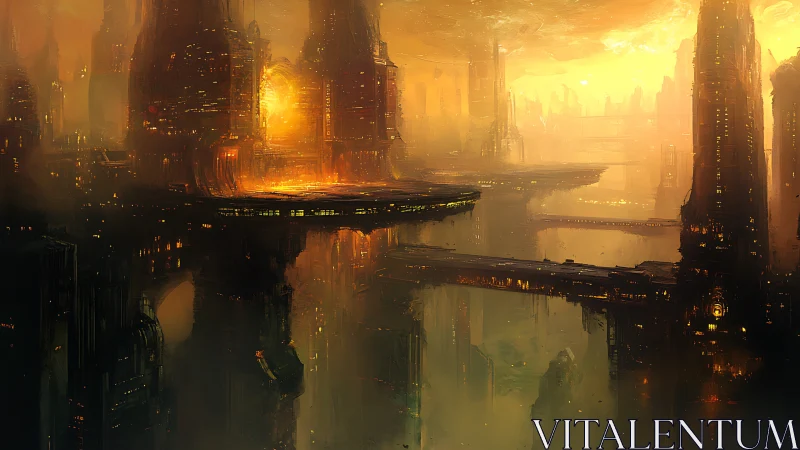 Burning sunset engulfs a towering futuristic bridge city