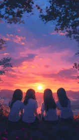 Four girls sit together watching the sun set over hills