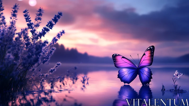 Bioluminescent butterfly rests on twilight lakeshore water