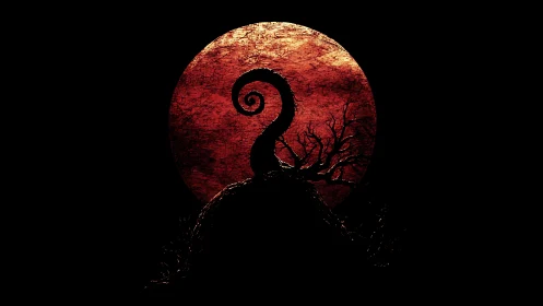 Silhouetted curled hill and tree align before textured red moon