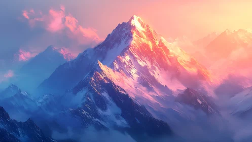 Snowy mountain peak under vivid pink and orange sky.