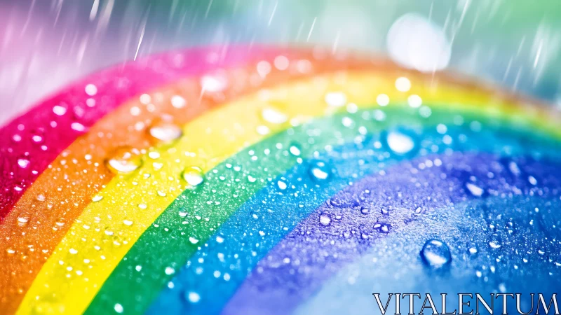 Radiant rainbow arcs sparkling with playful raindrops.
