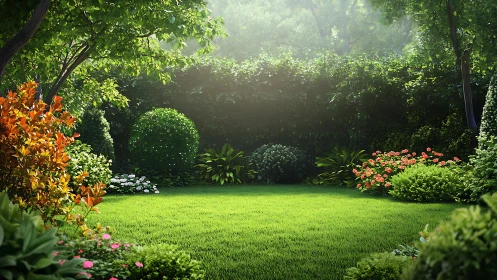 Sunlit garden lawn rests among lush trees and bright flowers