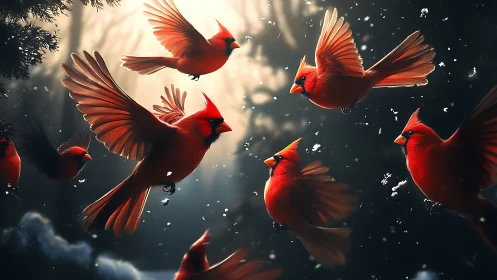 Vibrant Red Cardinals in Flight Amid Winter Forest Light.