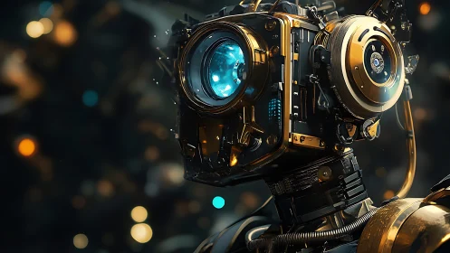 Highly detailed bipedal robot head with illuminated optical core