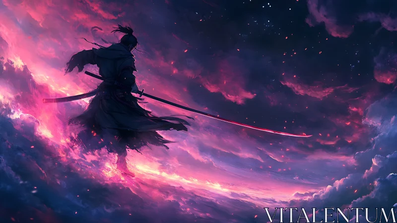 Sky-slasher samurai strides through cosmic stormfire clouds.