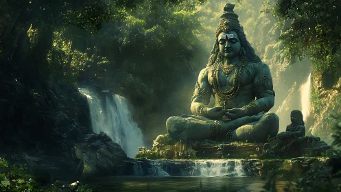 Majestic Shiva statue meditates amid lush jungle waterfalls
