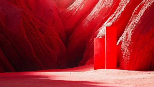 Red desert canyon with geometric monolith structures.