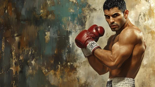 Boxer in Red Gloves Against Textured Wall Background