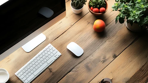 Minimal desktop workspace with organic plants and produce.