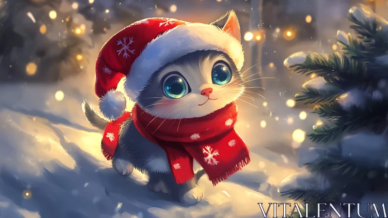 Festive kitten in snow showcases luminous winter bokeh lighting