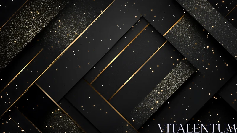 Golden sparks dance across sleek black geometric layers