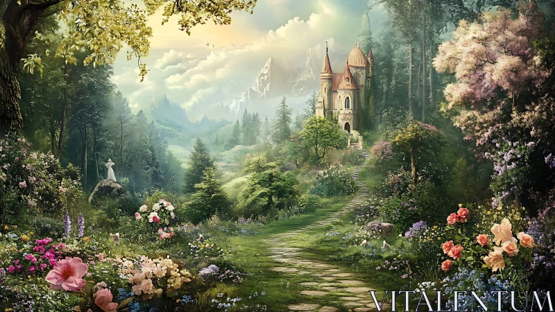 Enchanted forest path leading toward distant fairytale castle.