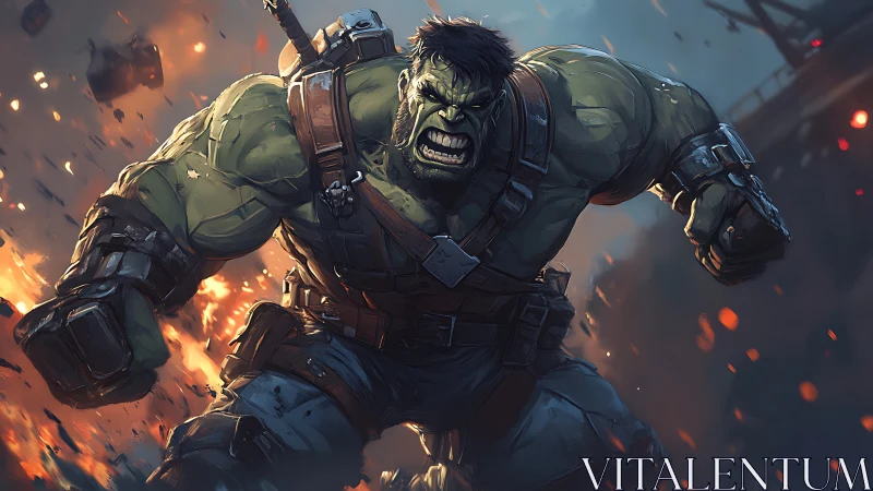 Armored green humanoid in forward motion amid explosions.