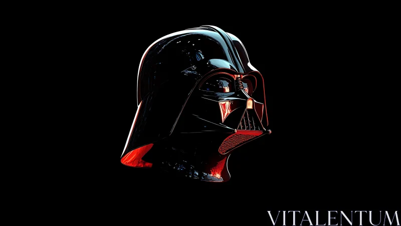 Dark sci‑fi helmet glows with red highlights on black void