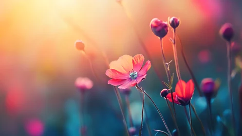 Soft Pink Cosmos Flowers in Golden Sunset Glow.