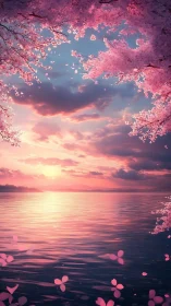 Twilight blossoms drifting over a calm rose-tinted lake.