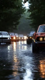 Classic muscle cars advance through reflective rain-soaked roadway