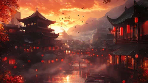 Lantern lit riverside town under dramatic orange sunset.