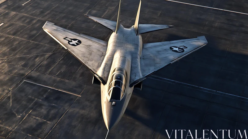 Cold War era US jet fighter parked on concrete runway