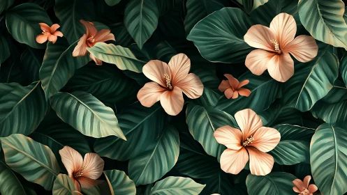 Peachy Blooms Nestled in Deep Green Foliage.