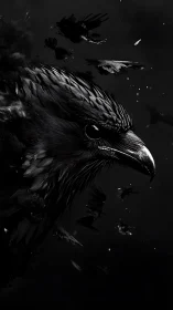 High-contrast monochrome raven portrait with dispersing plumage