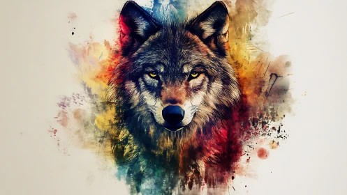 Vivid watercolor wolf portrait with splattered abstract color.